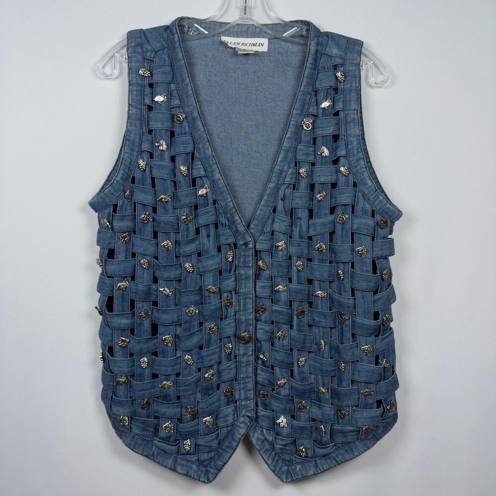 Vintage Ellen Richman Women's Denim Vest Western Silver Charms Size S - Picture 2 of 11